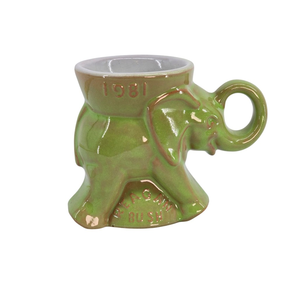 Vintage Frankoma 1981 Reagan Bush GOP Elephant Mug Green Pottery Collectible